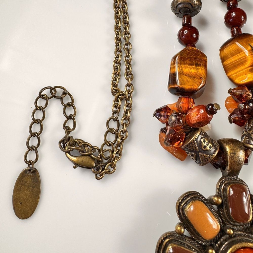 Rare Bohemian Orange and Brown Tigers Eye Pendant Necklace - Picture 3 of 13